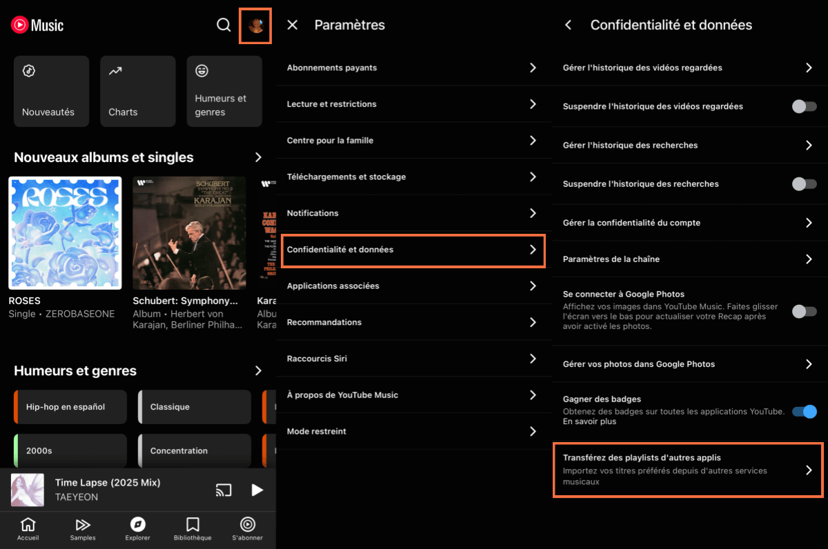 Trouvez la fonction de transfert de musique sur YouTube Music