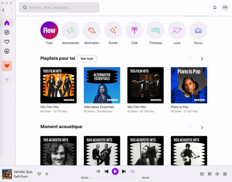 L'interface de l'application Deezer sur Mac
