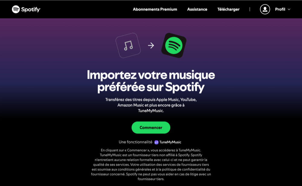 Page officielle de transfert de musique de Spotify
