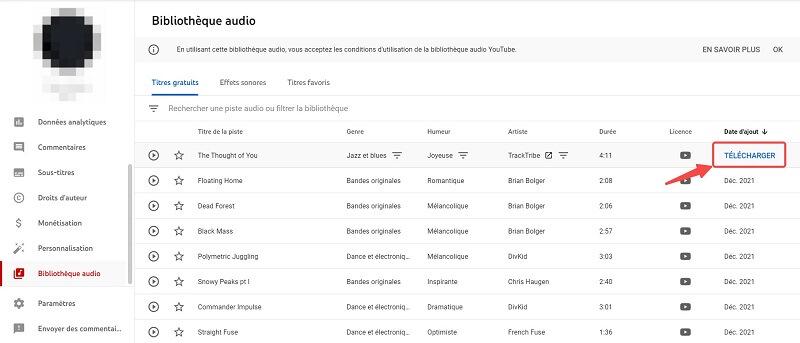 Télécharger des chansons depuis YouTube Studio