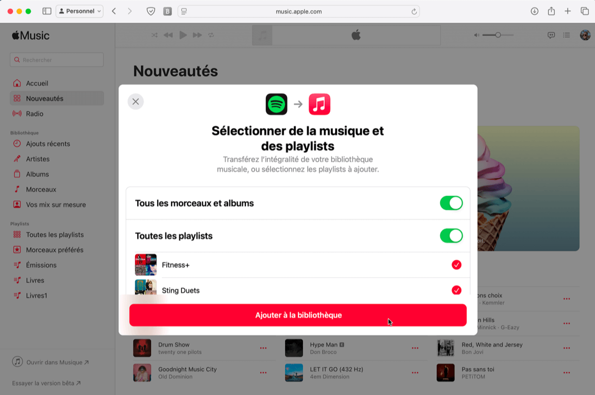 Transférer playlist Spotify vers Apple Music sur le Web