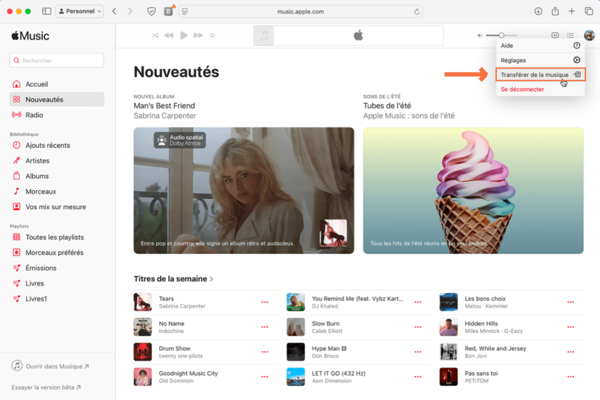 Trouvez le transfert de playlist sur le site web d'Apple Music